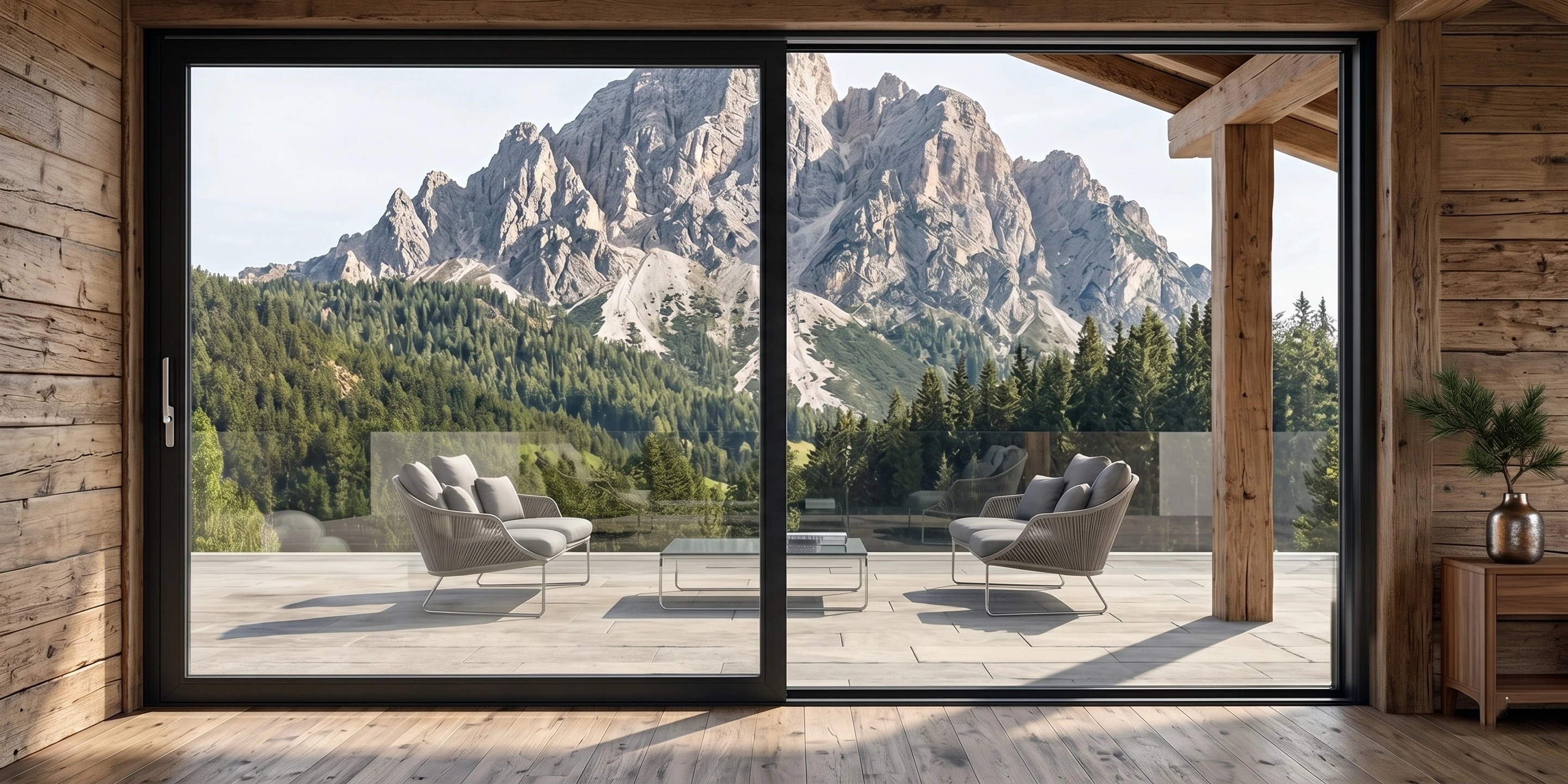 Grande vetrata scorrevole in PVC nero Dolomites Infissi con vista panoramica sulle montagne.