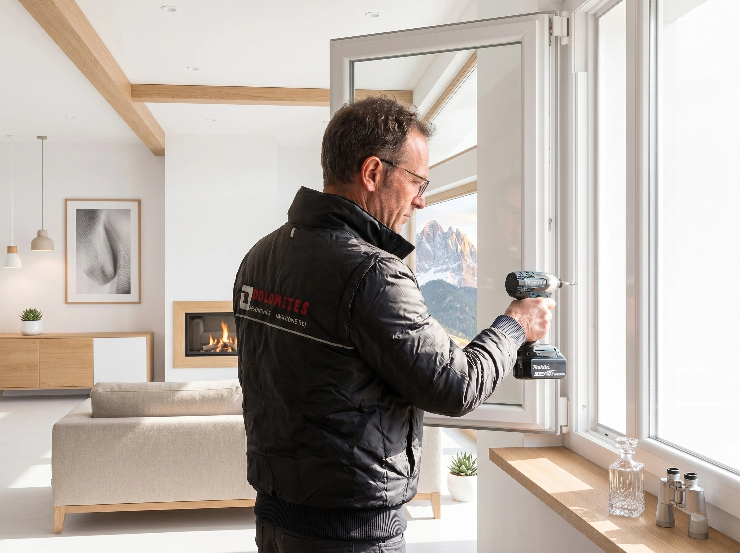 La nostra posa certificata: cura artigianale e competenza tecnica per serramenti che durano una vita Tecnico specializzato Dolomites Infissi durante la posa certificata di serramenti in PVC a Belluno.