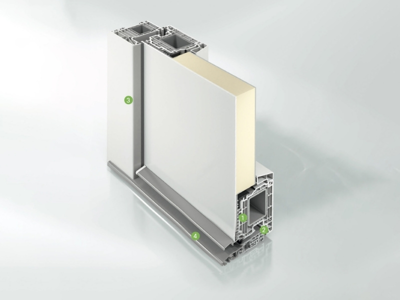 Sezione trasversale profilo PVC Schüco LivIng a 7 camere con rinforzi in acciaio zincato nel telaio e nell'anta – tecnologia tedesca certificata