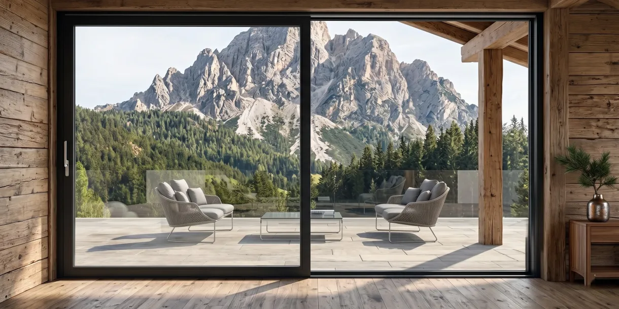Grande vetrata scorrevole in PVC nero Dolomites Infissi con vista panoramica sulle montagne.
